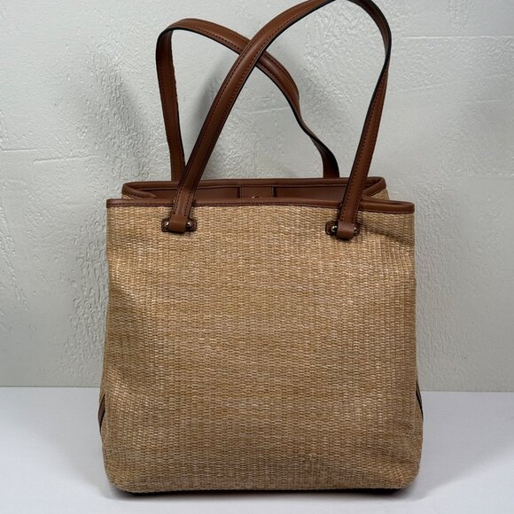 Calvin Klein Natural Straw & Brown White Leather Trim Tote Bag Canvas Raffia - Picture 3 of 8